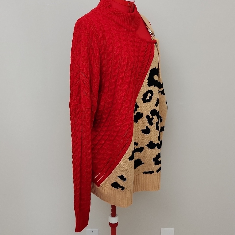 Womens Ribbed Cable knit Red and Leopard Print one shoulder Pullover turtleneck - Picture 5 of 9